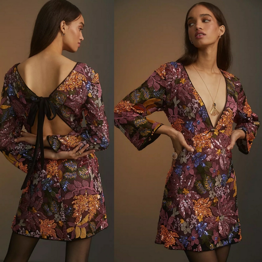 Anthropologie Sequined Embroidered Mini Dress